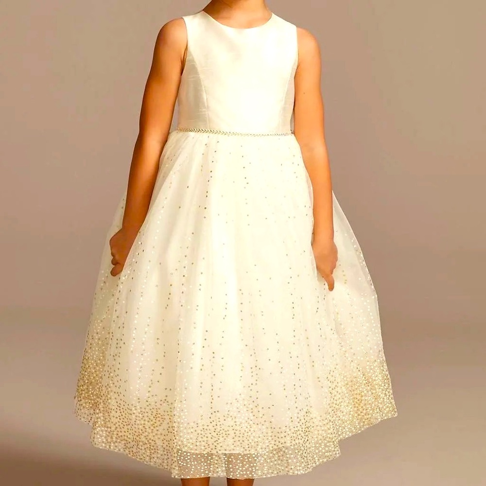Ivory David's Bridal Tulle Tea Length Gown with Metallic Shimmer Detail